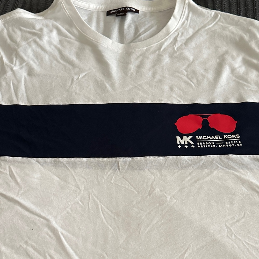 Michael Kors White Tee with Navy Stripe and Red Accents